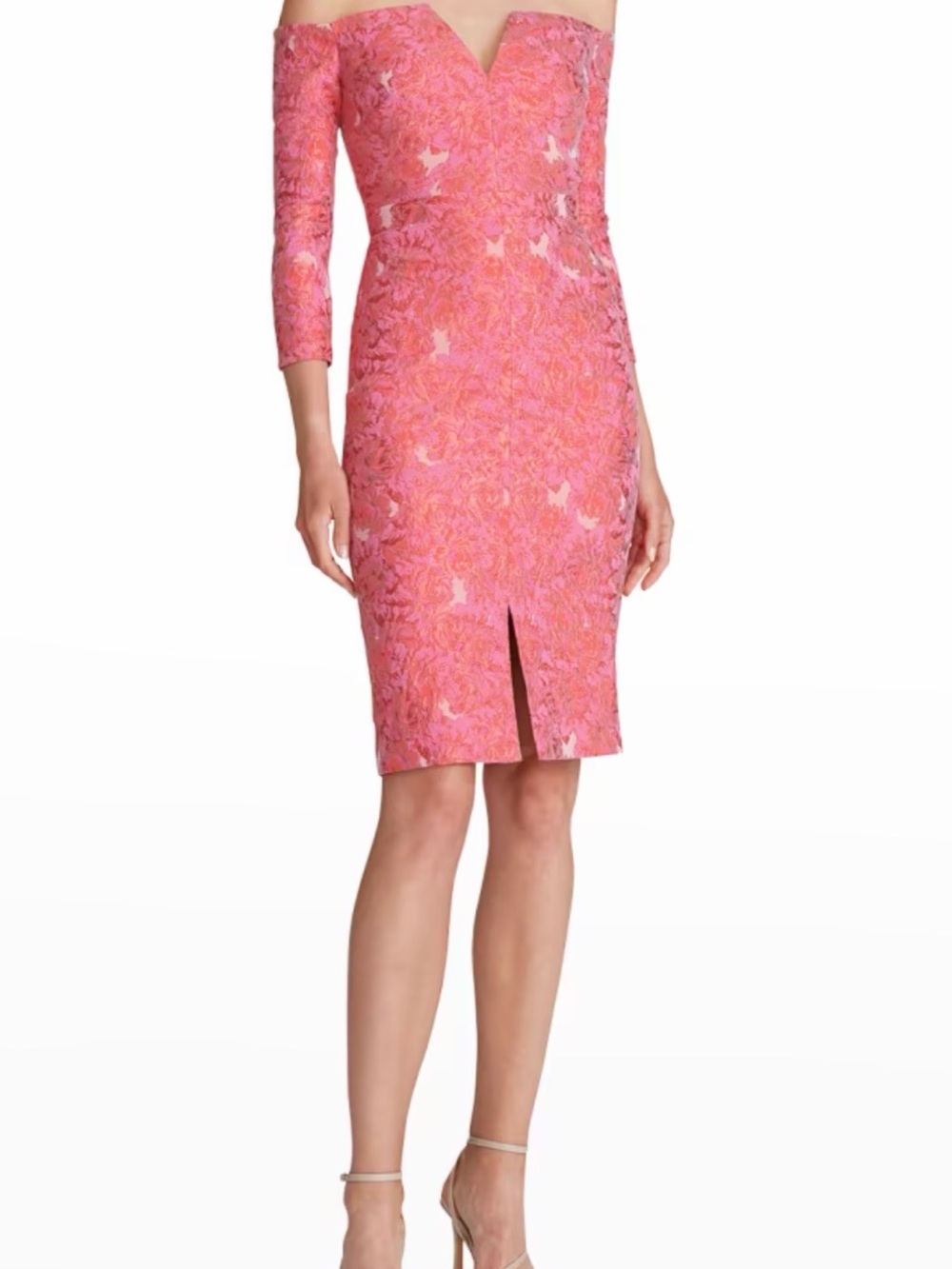 Theia Annette Jacquard 3/4 Sleeve Midi Off-Shoulder Pink Floral Sheath Dress